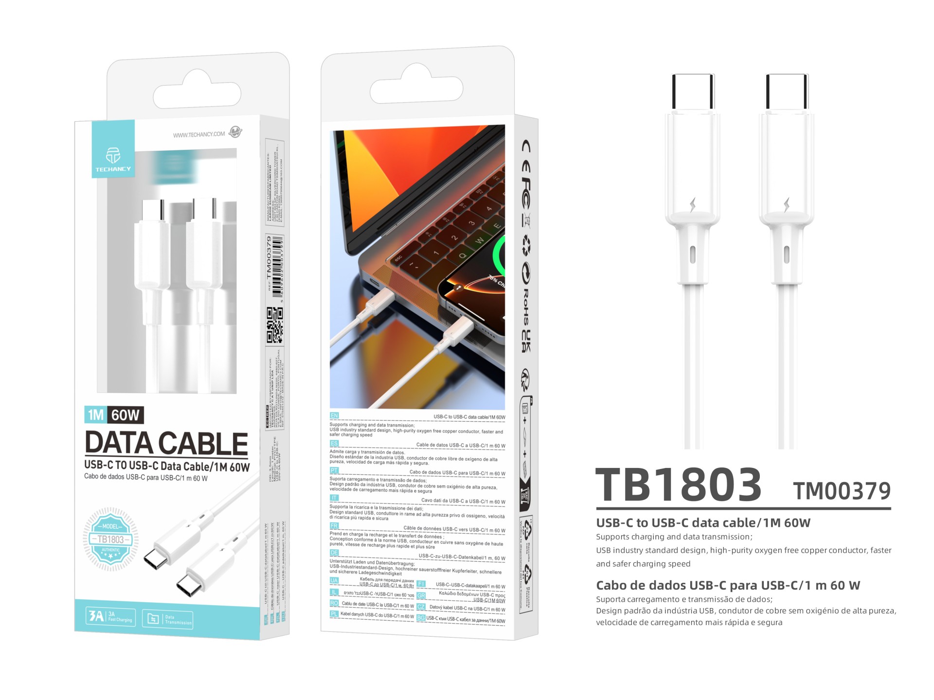 Techancy USB-C auf USB-C Kabel TB1803 1m 60W Schnellladen und Daten für Smartphone Tablet Laptop Wei Techancy USB-C auf USB-C Kabel TB1803 1m 60W Schnellladen und Daten für Smartphone Tablet Laptop Wei