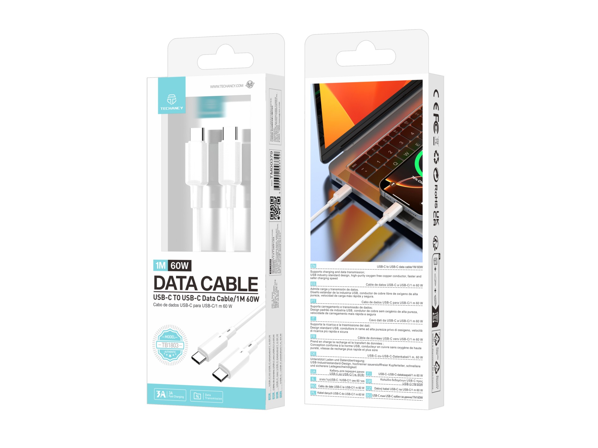 Techancy USB-C auf USB-C Kabel TB1803 1m 60W Schnellladen und Daten für Smartphone Tablet Laptop Wei Techancy USB-C auf USB-C Kabel TB1803 1m 60W Schnellladen und Daten für Smartphone Tablet Laptop Wei