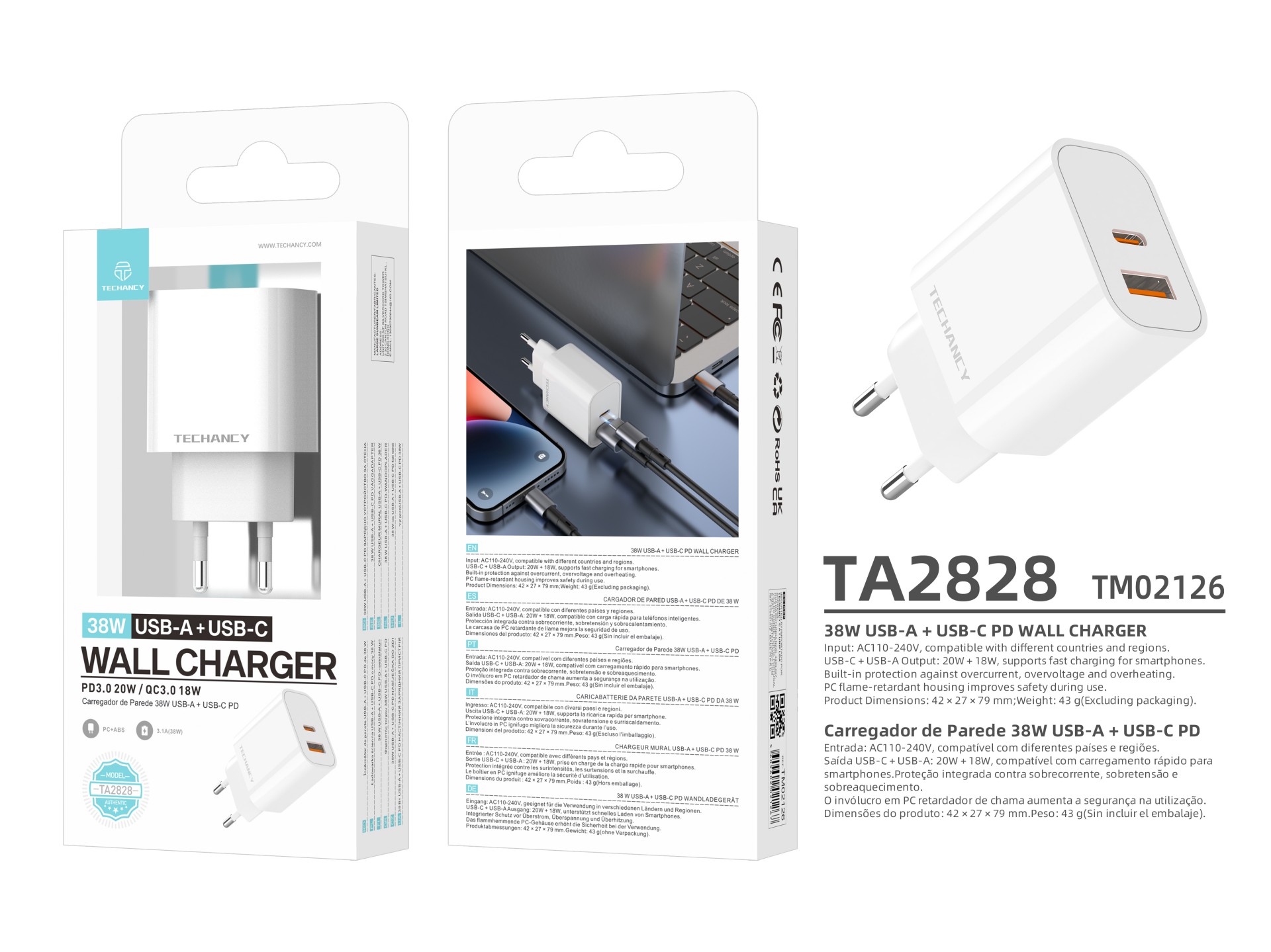 Techancy 38W USB A and USB C PD QC3.0 Charger TA2828 Fast Charging for iPhone Android Tablet EU Adap