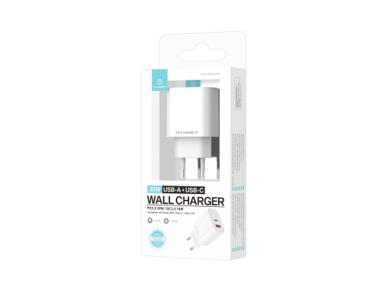 Techancy 38W USB A and USB C PD QC3.0 Charger TA2828 Fast Charging for iPhone Android Tablet EU Adap