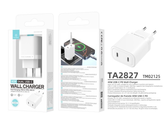 Techancy Caricatore 40W Doppio USB C PD PPS TA2827 Ricarica rapida per iPhone Android Tablet Adattat Techancy Caricatore 40W Doppio USB C PD PPS TA2827 Ricarica rapida per iPhone Android Tablet Adattat