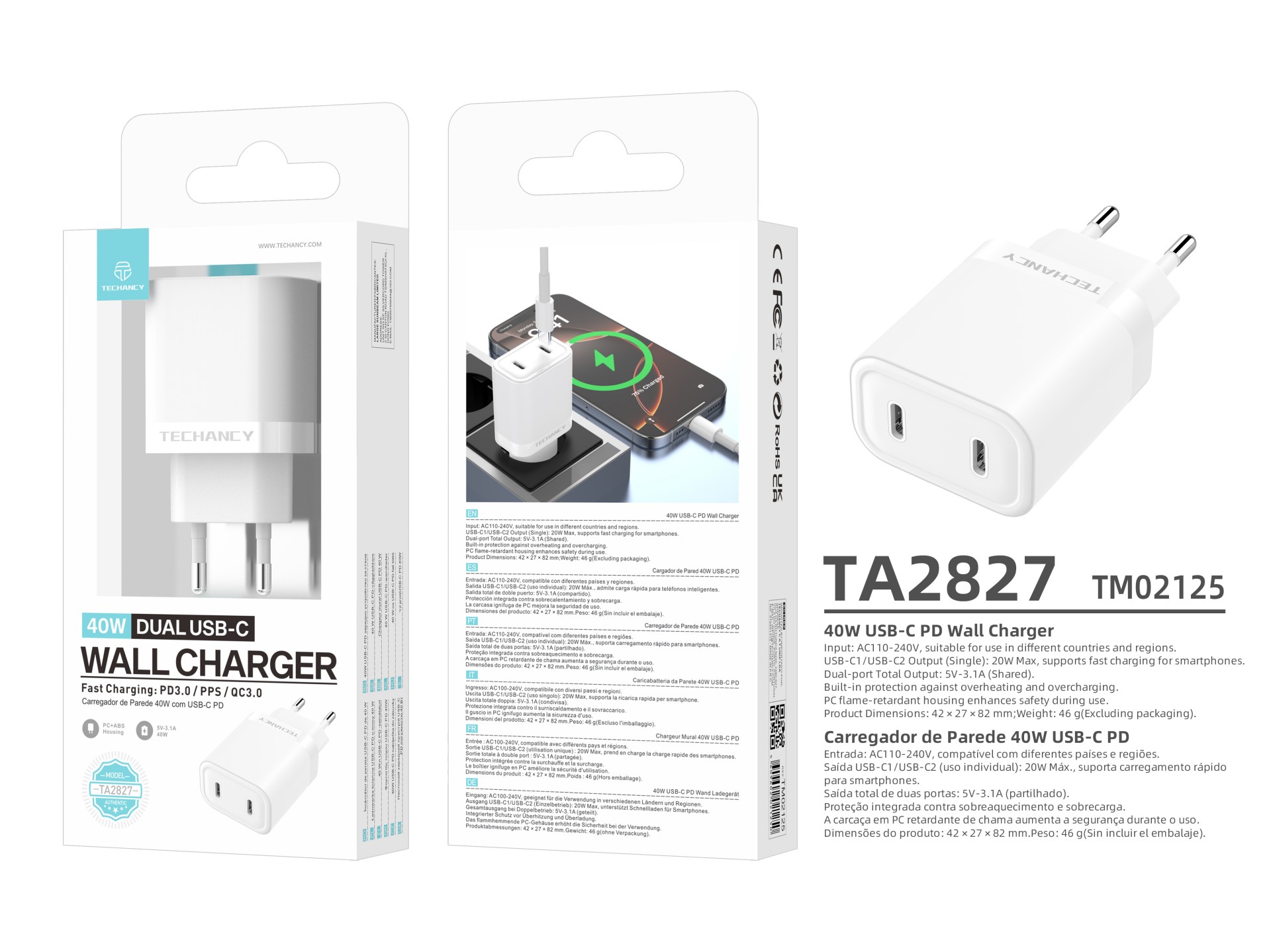Techancy Caricatore 40W Doppio USB C PD PPS TA2827 Ricarica rapida per iPhone Android Tablet Adattat Techancy Caricatore 40W Doppio USB C PD PPS TA2827 Ricarica rapida per iPhone Android Tablet Adattat