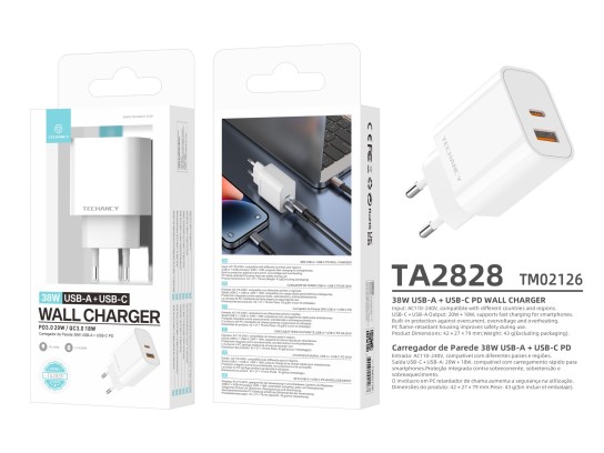 Techancy 38W USB A and USB C PD QC3.0 Charger TA2828 Fast Charging for iPhone Android Tablet EU Adap