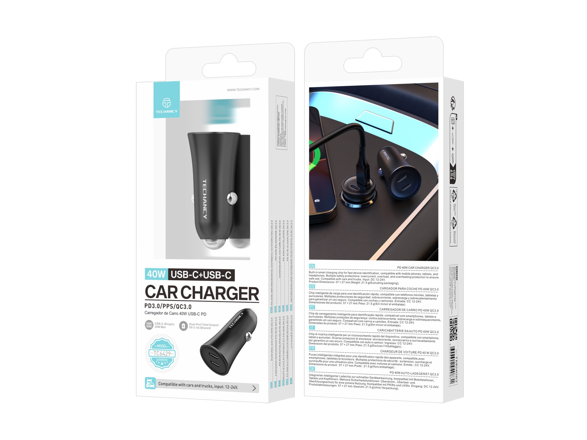Techancy Carregador de carro 40W Dual USB C PD PPS QC3.0 TC6429 Carregamento rapido 12V 24V Preto Techancy Carregador de carro 40W Dual USB C PD PPS QC3.0 TC6429 Carregamento rapido 12V 24V Preto