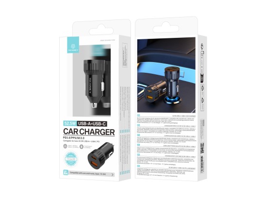 Techancy Caricatore da auto 52,5W USB A e USB C PD PPS QC3.0 TC6430 Ricarica rapida 12V 24V Nero