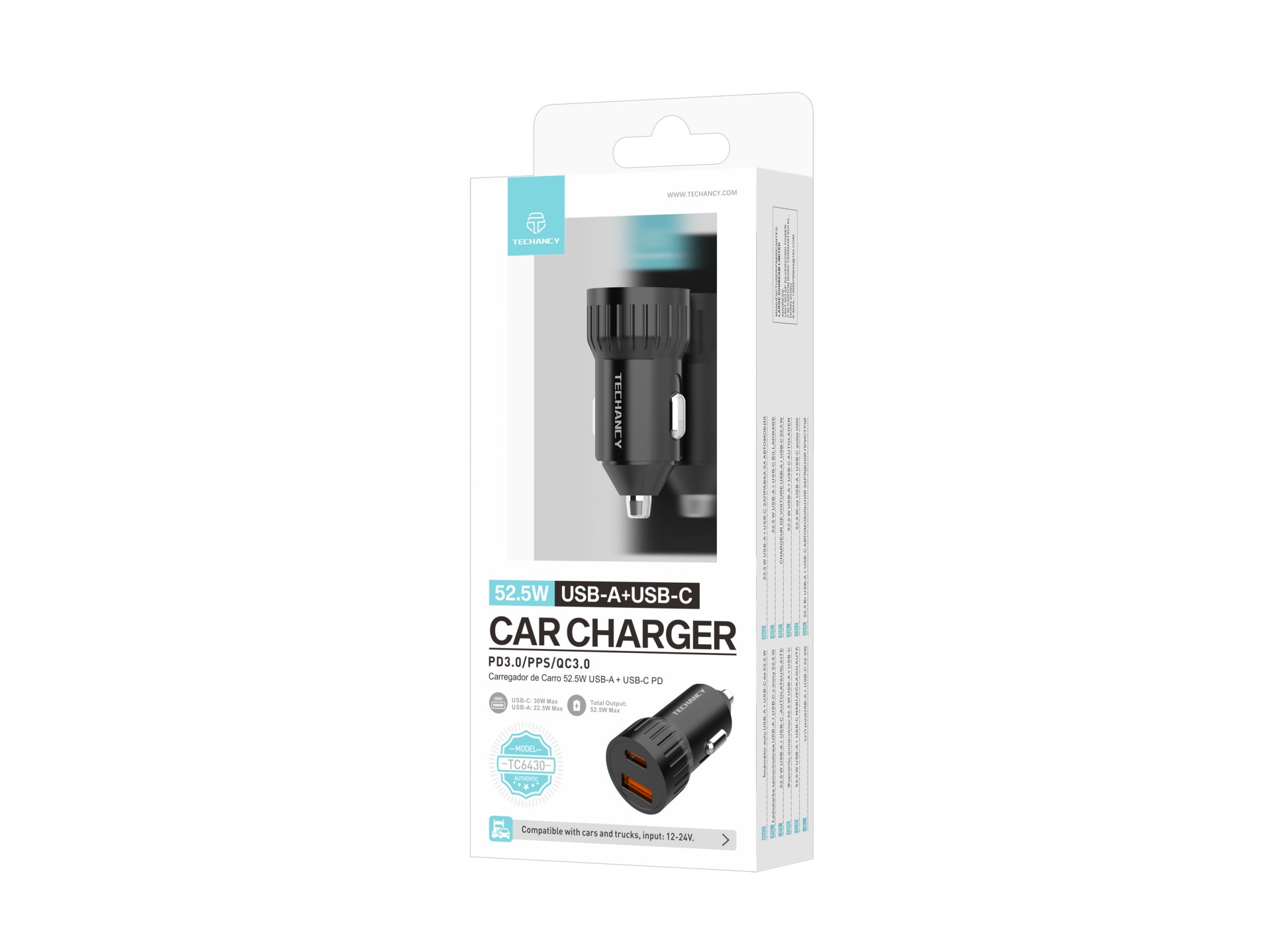 Techancy Caricatore da auto 52,5W USB A e USB C PD PPS QC3.0 TC6430 Ricarica rapida 12V 24V Nero