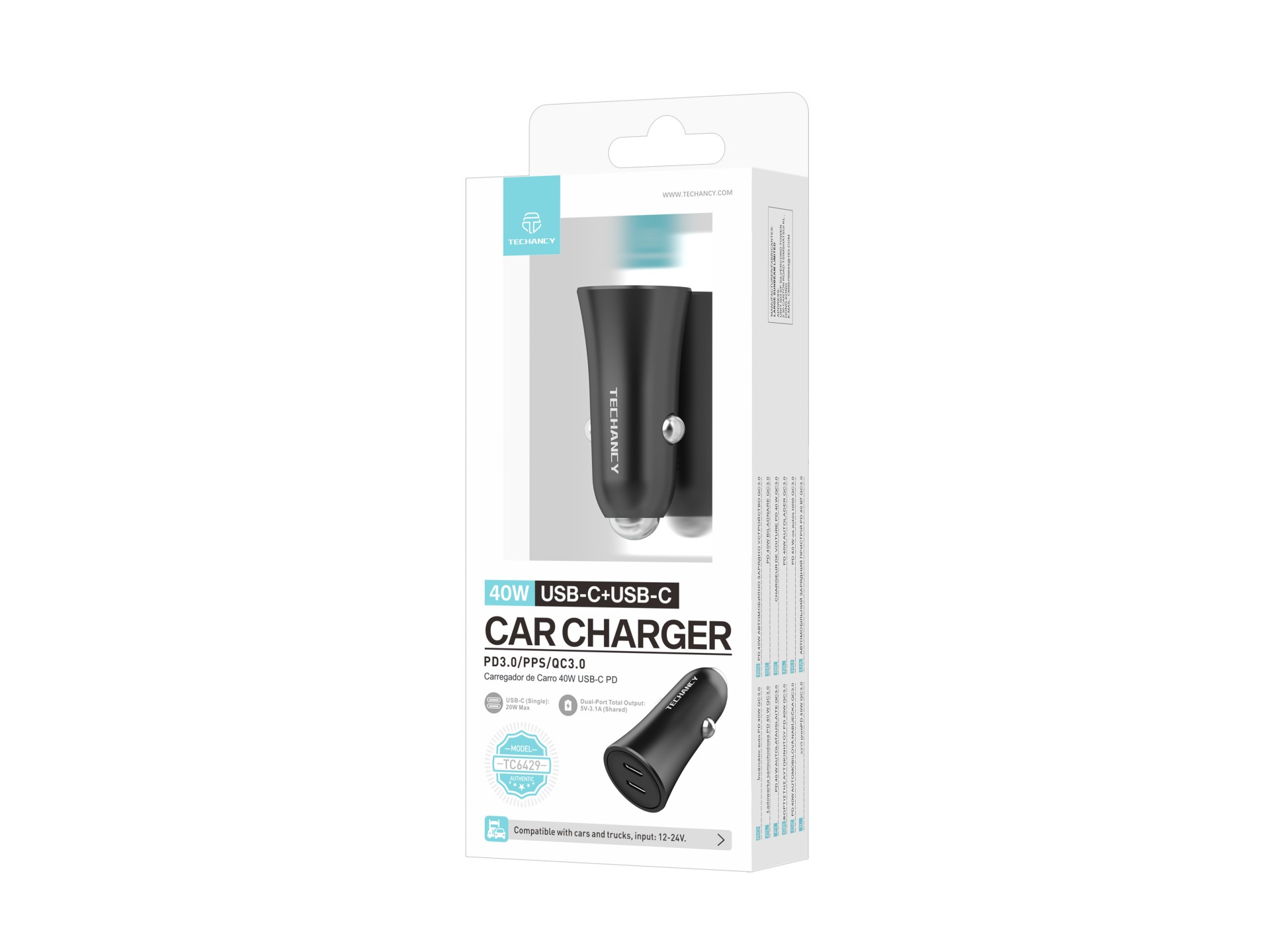 Techancy Carregador de carro 40W Dual USB C PD PPS QC3.0 TC6429 Carregamento rapido 12V 24V Preto Techancy Carregador de carro 40W Dual USB C PD PPS QC3.0 TC6429 Carregamento rapido 12V 24V Preto