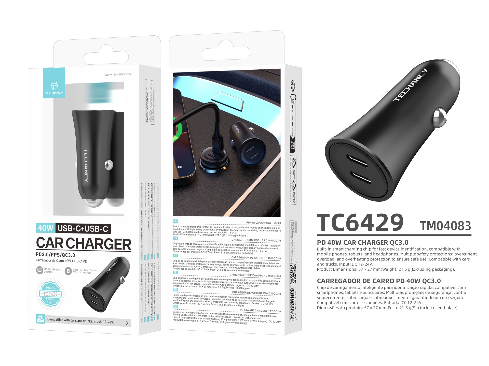 Techancy Carregador de carro 40W Dual USB C PD PPS QC3.0 TC6429 Carregamento rapido 12V 24V Preto Techancy Carregador de carro 40W Dual USB C PD PPS QC3.0 TC6429 Carregamento rapido 12V 24V Preto
