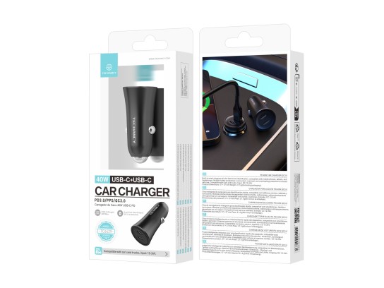 Techancy Carregador de carro 40W Dual USB C PD PPS QC3.0 TC6429 Carregamento rapido 12V 24V Preto Techancy Carregador de carro 40W Dual USB C PD PPS QC3.0 TC6429 Carregamento rapido 12V 24V Preto