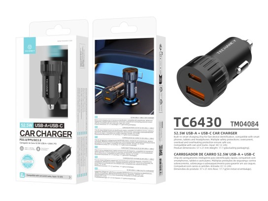 Techancy Caricatore da auto 52,5W USB A e USB C PD PPS QC3.0 TC6430 Ricarica rapida 12V 24V Nero