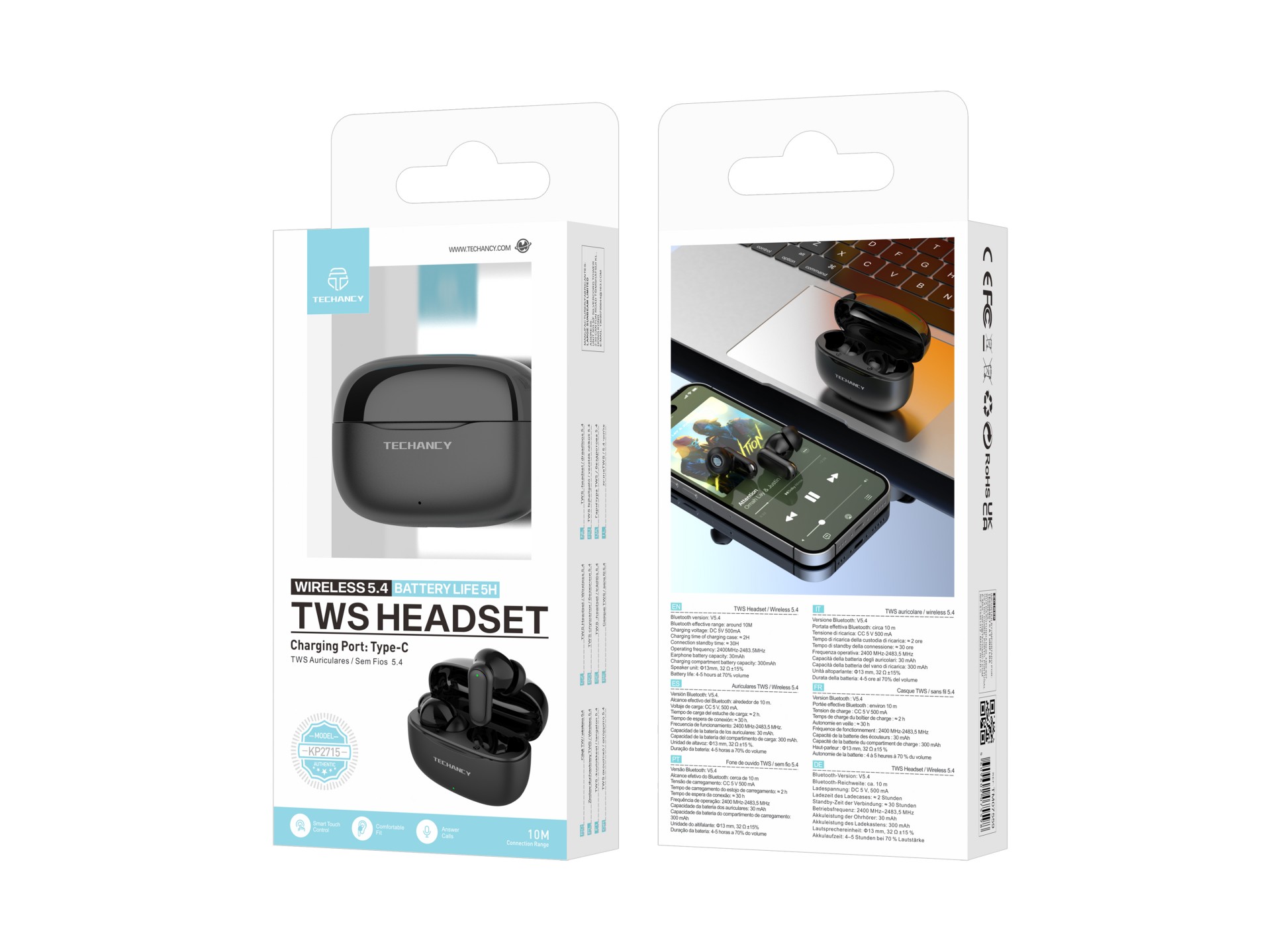 Techancy Auriculares Bluetooth TWS Wireless 5.4 KP2715 Microfone HD Toque inteligente USB C para And Techancy Auriculares Bluetooth TWS Wireless 5.4 KP2715 Microfone HD Toque inteligente USB C para And