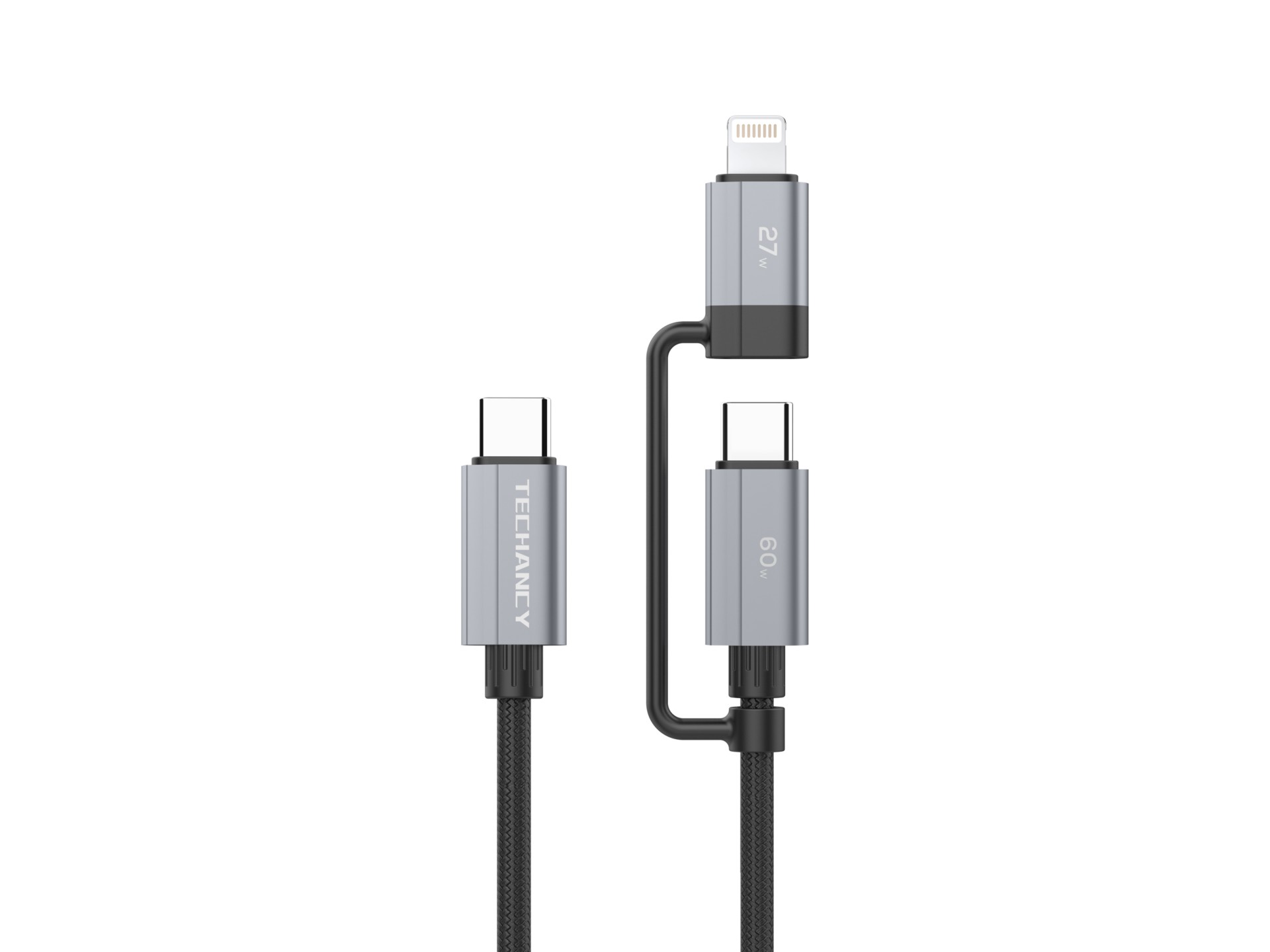 Techancy 2-in-1 Schnellladekabel TB1743 1 m USB-C auf USB-C 60 W und USB-C auf Lightning 27 W, langl