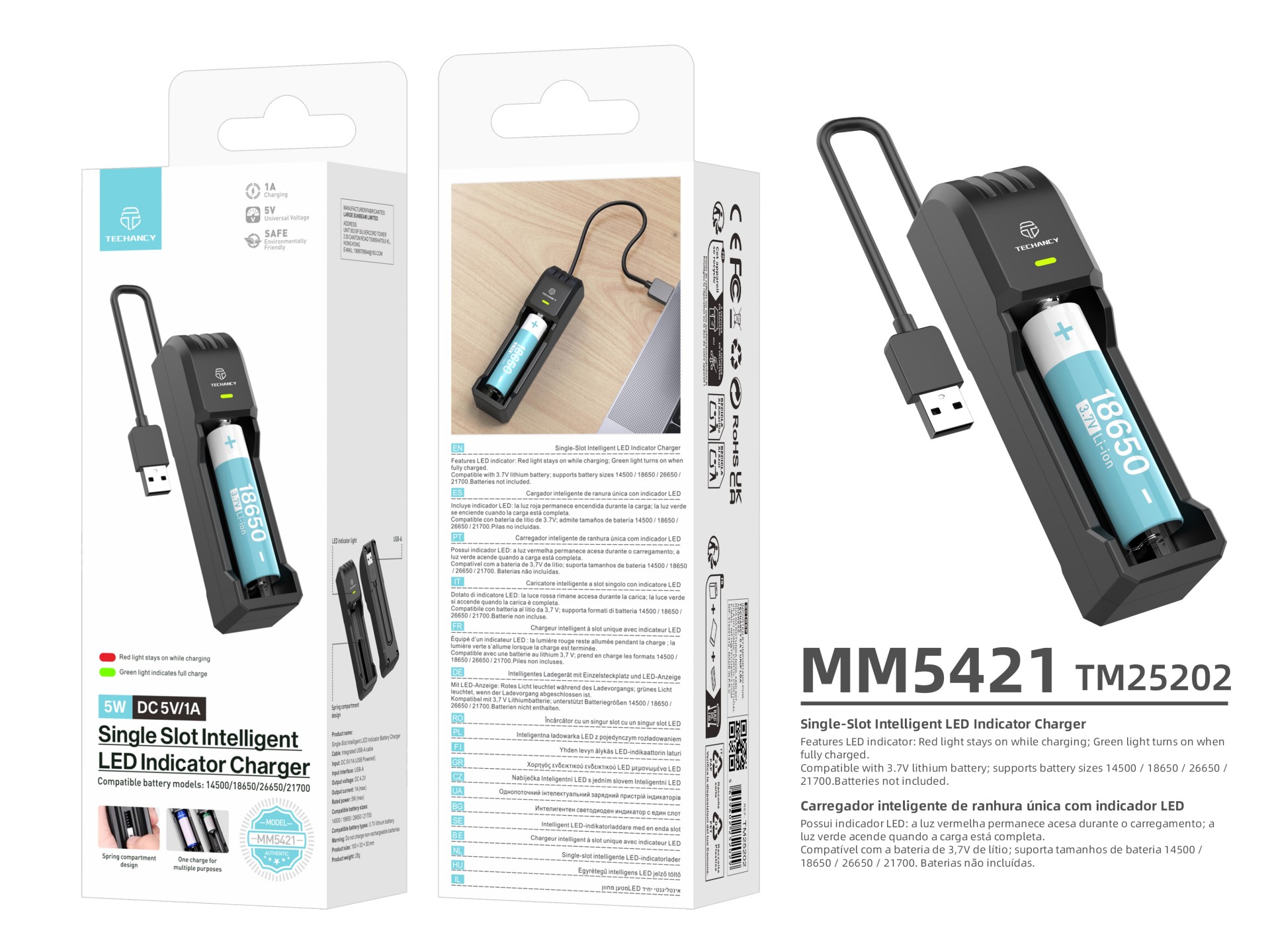 Techancy Cargador de batería individual MM5421 Indicador LED Compatible con 14500 18650 26650 21700 Techancy Cargador de batería individual MM5421 Indicador LED Compatible con 14500 18650 26650 21700