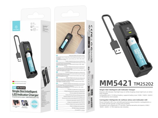 Techancy Cargador de batería individual MM5421 Indicador LED Compatible con 14500 18650 26650 21700 Techancy Cargador de batería individual MM5421 Indicador LED Compatible con 14500 18650 26650 21700