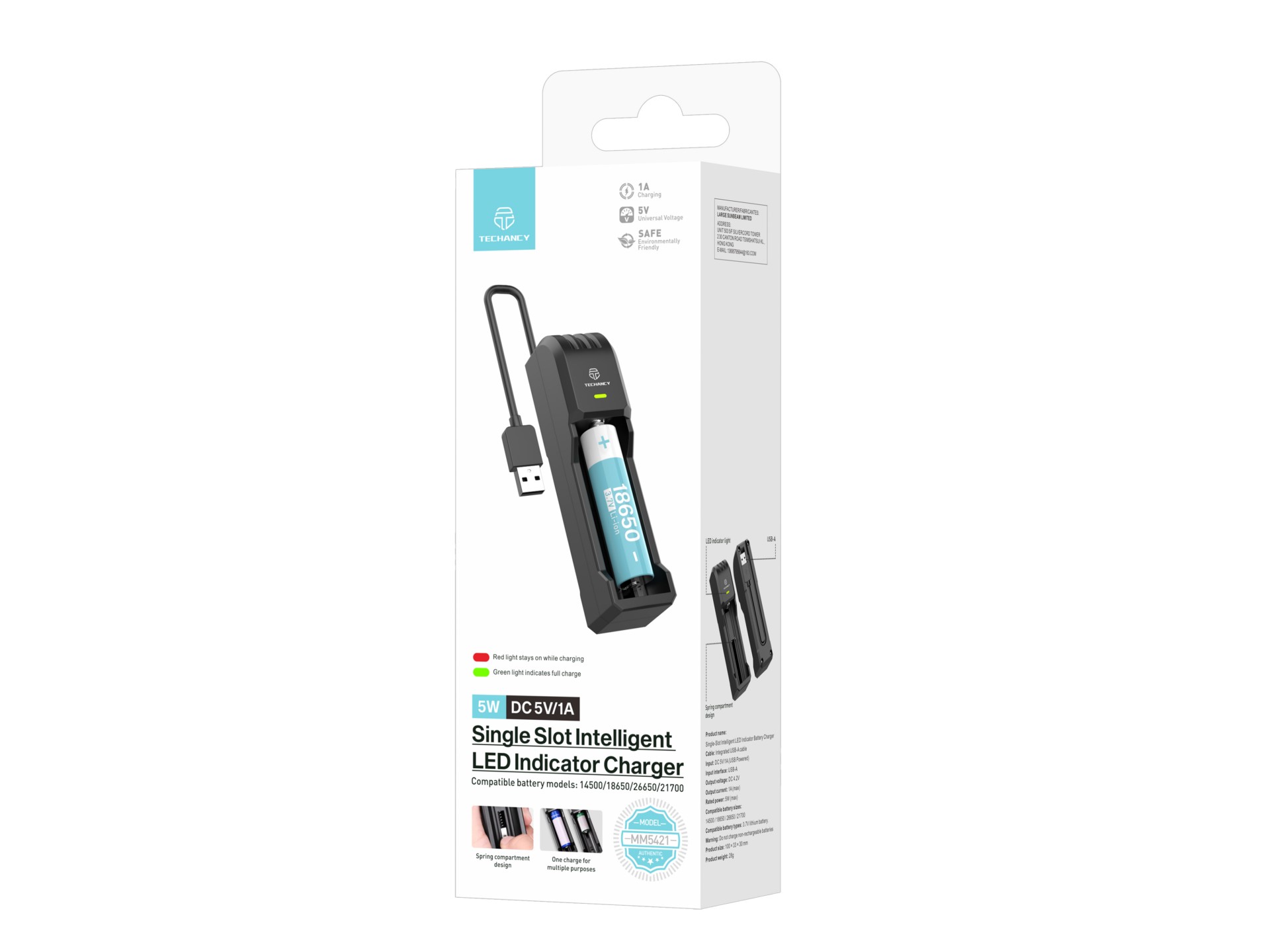 Techancy Cargador de batería individual MM5421 Indicador LED Compatible con 14500 18650 26650 21700 Techancy Cargador de batería individual MM5421 Indicador LED Compatible con 14500 18650 26650 21700