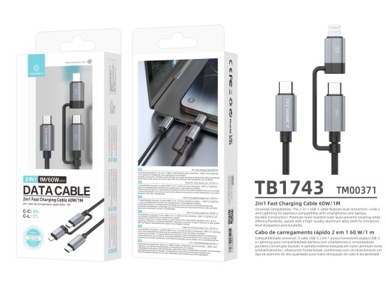 Techancy 2-in-1 Schnellladekabel TB1743 1 m USB-C auf USB-C 60 W und USB-C auf Lightning 27 W, langl