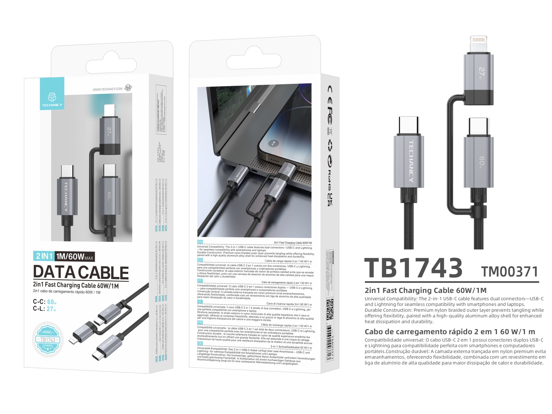 Techancy 2-in-1 Schnellladekabel TB1743 1 m USB-C auf USB-C 60 W und USB-C auf Lightning 27 W, langl