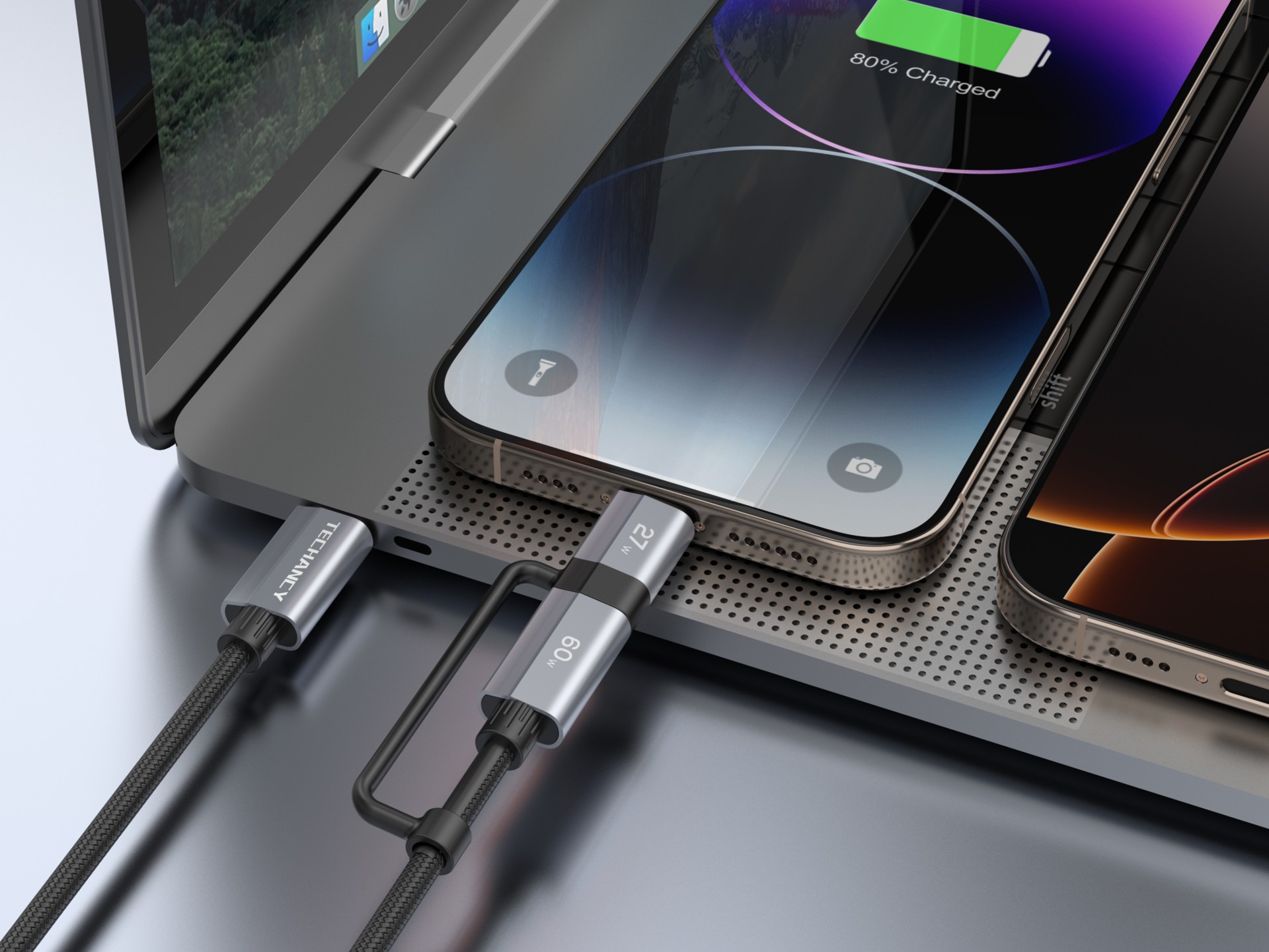 Techancy 2-in-1 Schnellladekabel TB1743 1 m USB-C auf USB-C 60 W und USB-C auf Lightning 27 W, langl