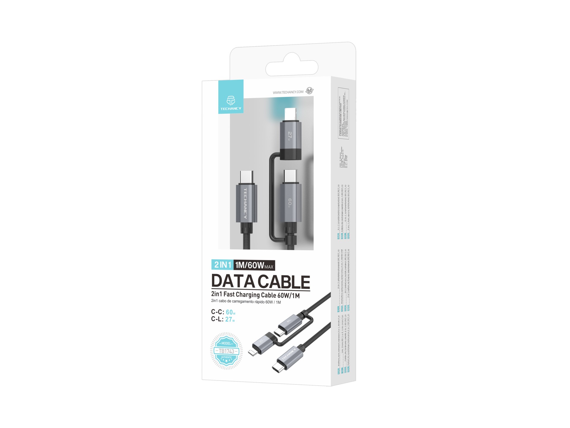 Techancy 2-in-1 Schnellladekabel TB1743 1 m USB-C auf USB-C 60 W und USB-C auf Lightning 27 W, langl