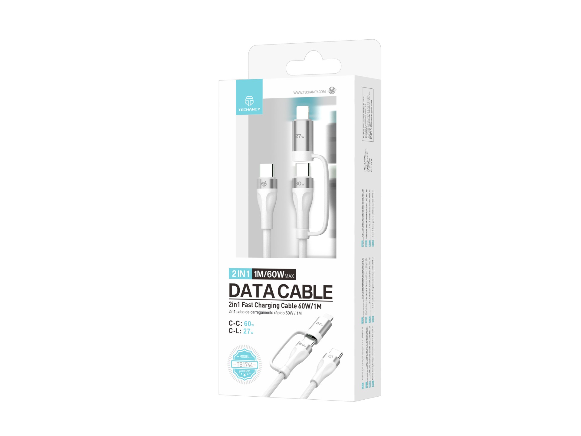 Techancy 2-in-1 Fast Charging Cable TB1744 1m USB-C to C 60W and USB-C to Lightning 27W Durable Cabl Techancy 2-in-1 Fast Charging Cable TB1744 1m USB-C to C 60W and USB-C to Lightning 27W Durable Cabl