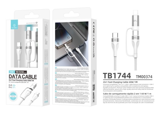 Techancy 2-in-1 Fast Charging Cable TB1744 1m USB-C to C 60W and USB-C to Lightning 27W Durable Cabl Techancy 2-in-1 Fast Charging Cable TB1744 1m USB-C to C 60W and USB-C to Lightning 27W Durable Cabl