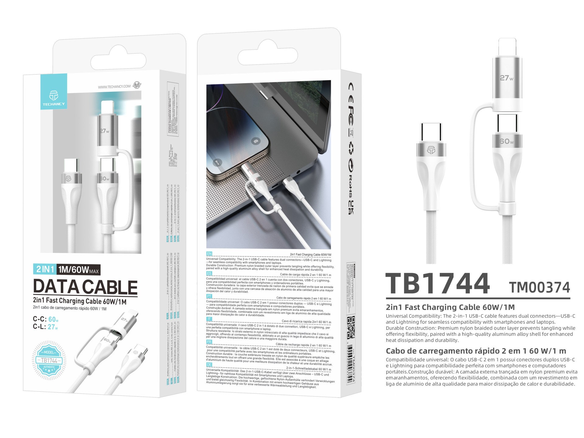 Techancy 2-in-1 Fast Charging Cable TB1744 1m USB-C to C 60W and USB-C to Lightning 27W Durable Cabl Techancy 2-in-1 Fast Charging Cable TB1744 1m USB-C to C 60W and USB-C to Lightning 27W Durable Cabl