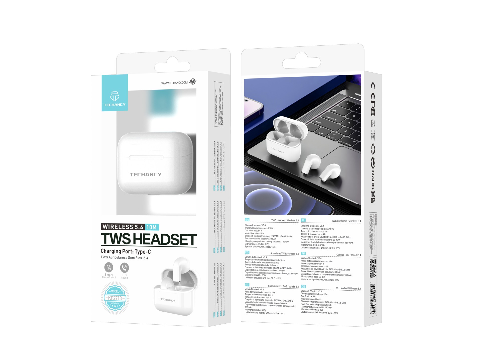 Techancy �couteurs TWS KP2713 Bluetooth 5.4 V�ritable sans fil USB-C 4 h d'autonomie Connexion stabl