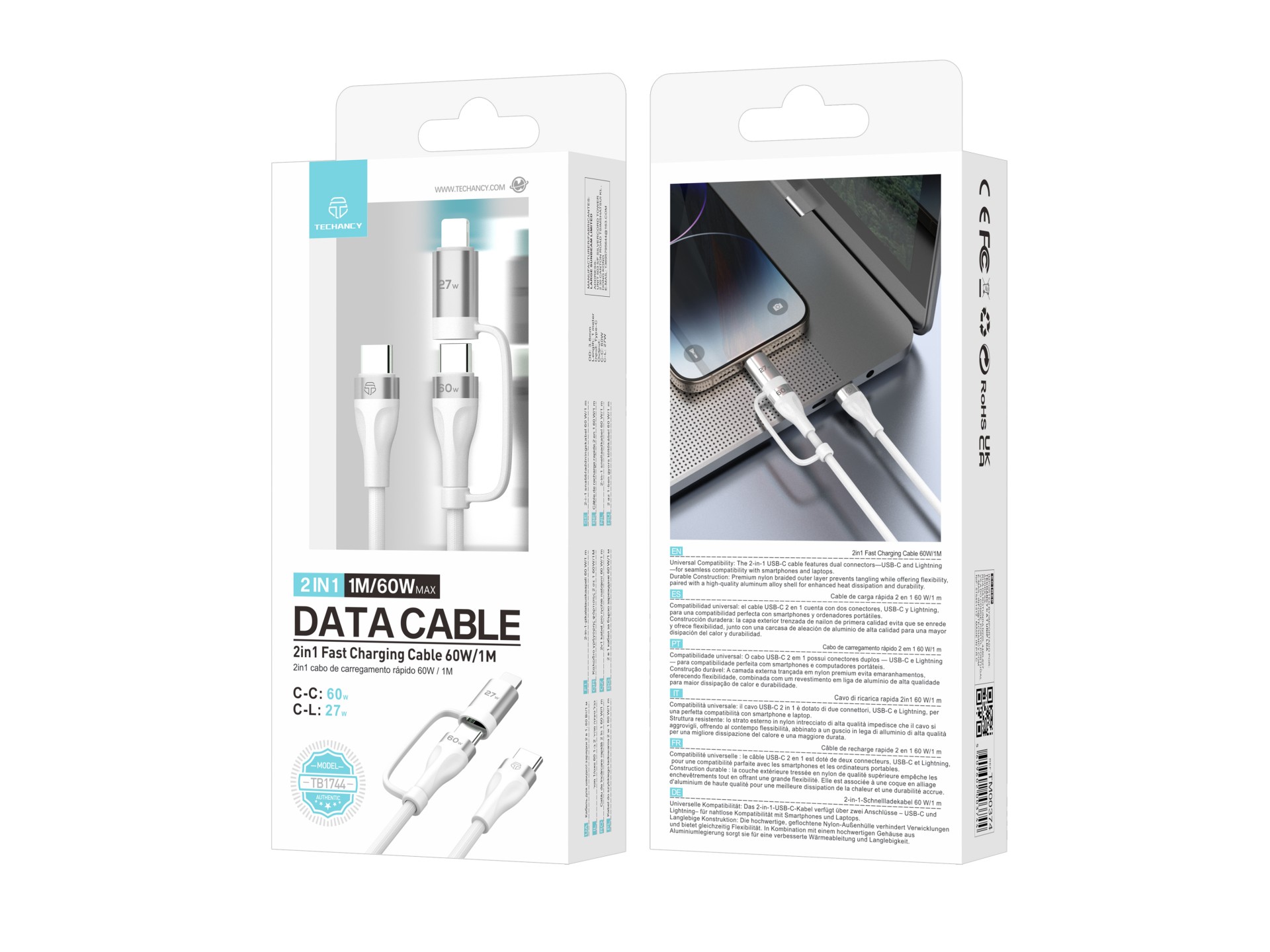 Techancy 2-in-1 Fast Charging Cable TB1744 1m USB-C to C 60W and USB-C to Lightning 27W Durable Cabl Techancy 2-in-1 Fast Charging Cable TB1744 1m USB-C to C 60W and USB-C to Lightning 27W Durable Cabl