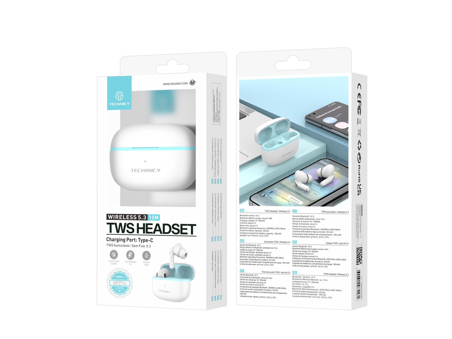 Techancy Auricolari Bluetooth TWS KP2714 Connessione 5.3 10 m USB-C 4 h di autonomia Suono nitido Co Techancy Auricolari Bluetooth TWS KP2714 Connessione 5.3 10 m USB-C 4 h di autonomia Suono nitido Co