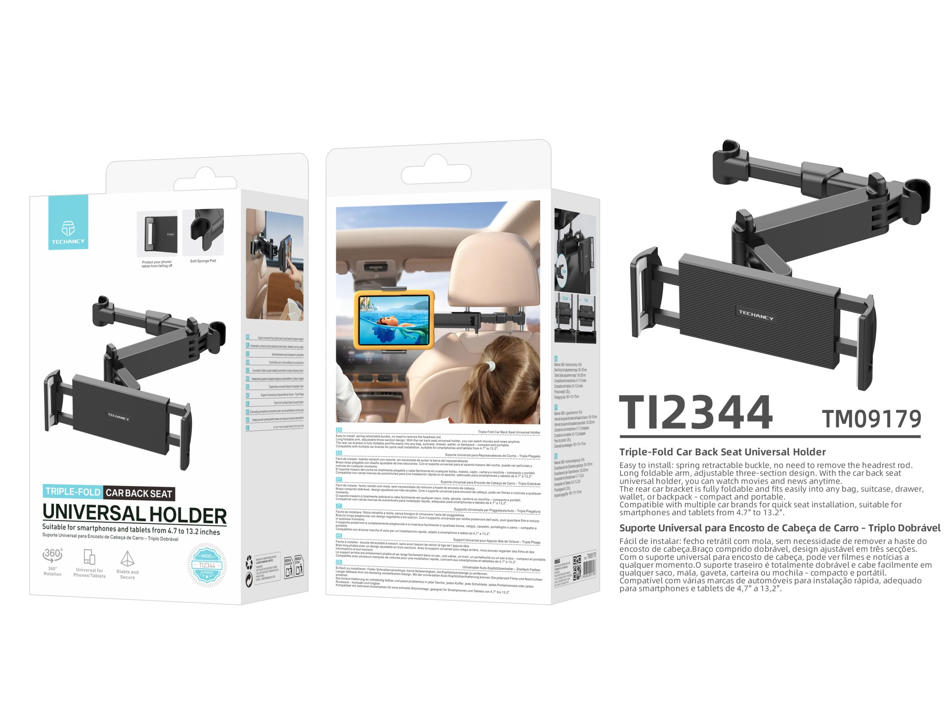 Techancy Supporto da auto posteriore TI2344 Triplo pieghevole Rotazione 360° Regolabile Stabile Comp Techancy Supporto da auto posteriore TI2344 Triplo pieghevole Rotazione 360° Regolabile Stabile Comp