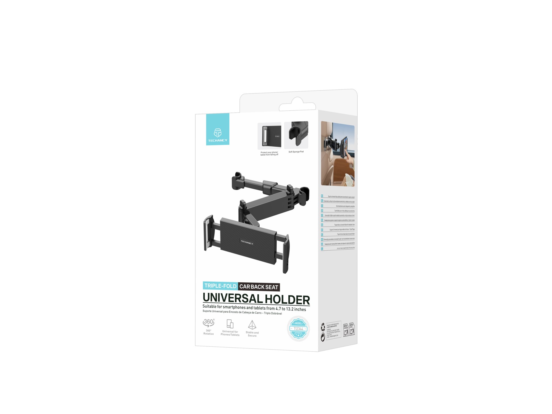 Techancy Supporto da auto posteriore TI2344 Triplo pieghevole Rotazione 360° Regolabile Stabile Comp Techancy Supporto da auto posteriore TI2344 Triplo pieghevole Rotazione 360° Regolabile Stabile Comp