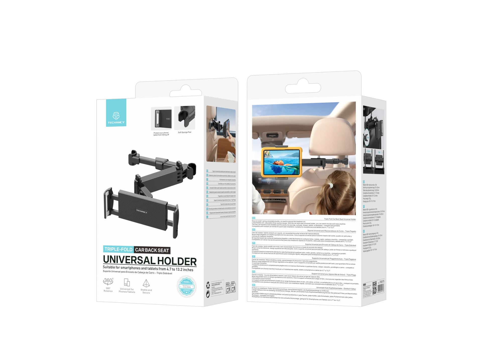 Techancy Supporto da auto posteriore TI2344 Triplo pieghevole Rotazione 360° Regolabile Stabile Comp Techancy Supporto da auto posteriore TI2344 Triplo pieghevole Rotazione 360° Regolabile Stabile Comp