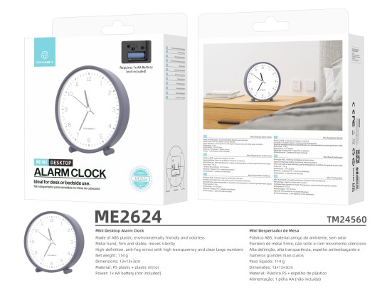 Techancy Mini Table Alarm Clock ME2624 Silent Large Numbers HD Mirror ABS Body Portable for Bedroom 