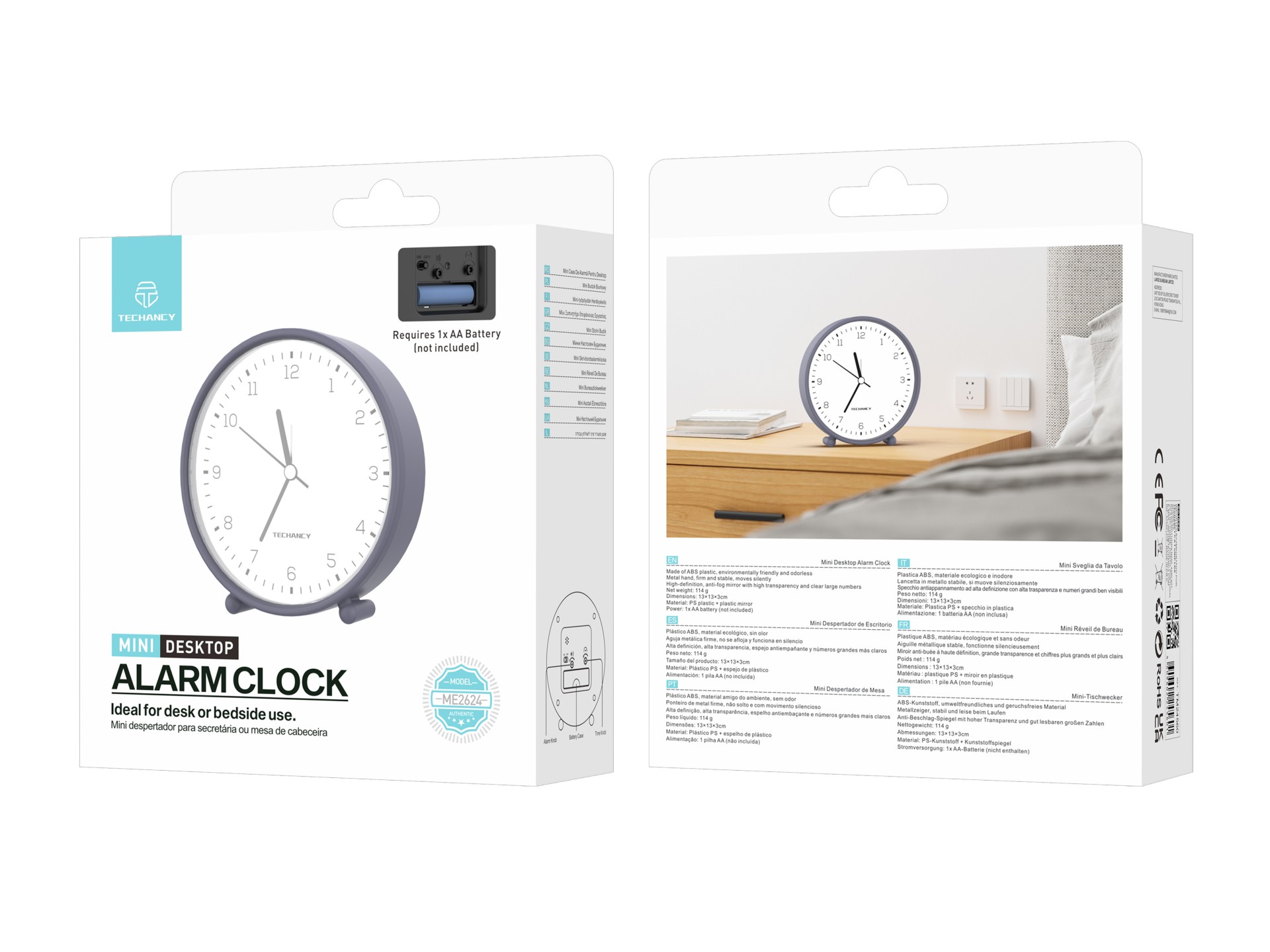 Techancy Mini Table Alarm Clock ME2624 Silent Large Numbers HD Mirror ABS Body Portable for Bedroom 