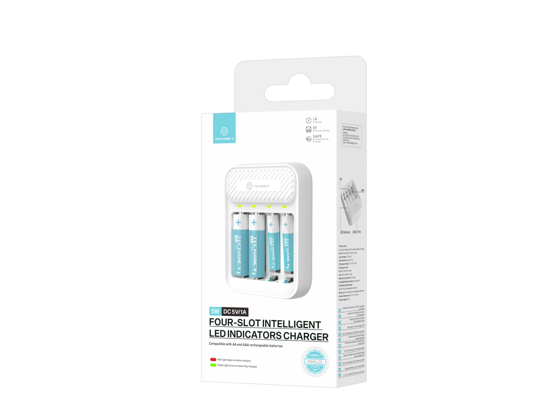 Techancy Caricabatterie intelligente per pile MM5420 Quattro slot LED indipendenti Compatibile AA e 