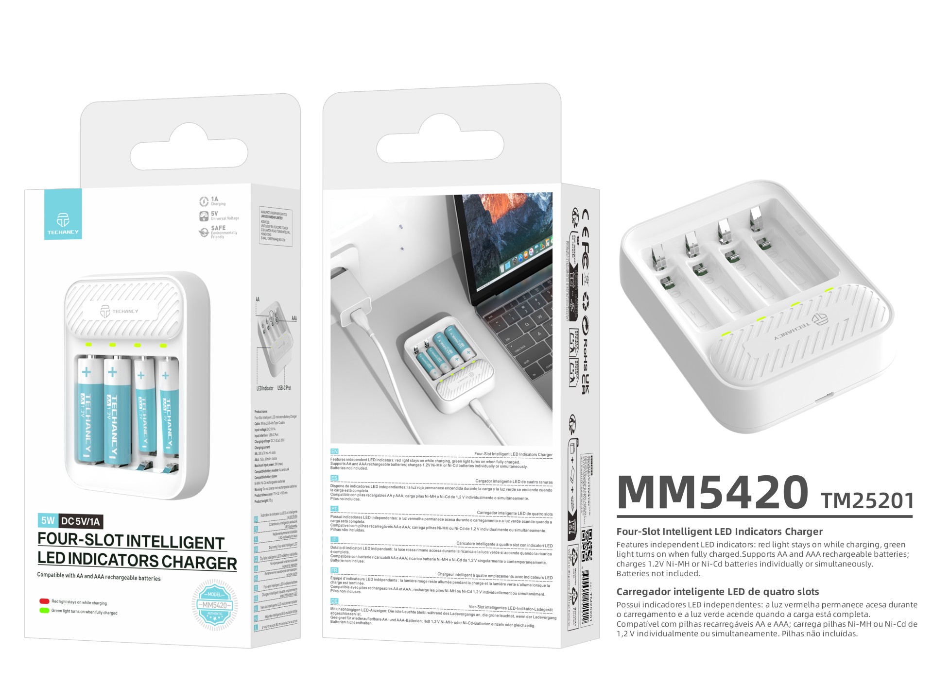 Techancy Caricabatterie intelligente per pile MM5420 Quattro slot LED indipendenti Compatibile AA e 