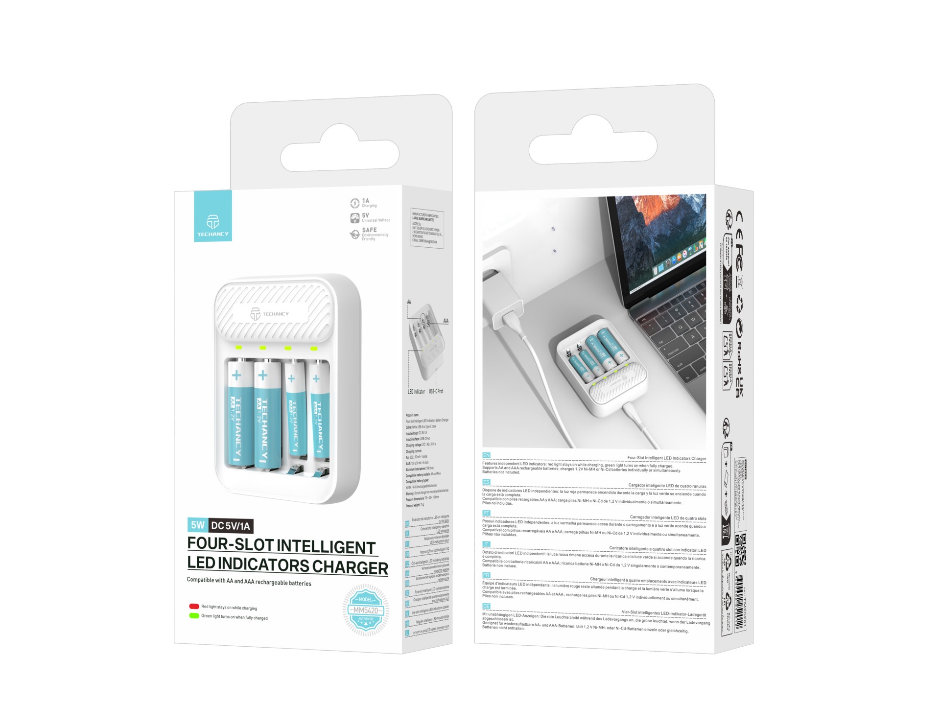 Techancy Caricabatterie intelligente per pile MM5420 Quattro slot LED indipendenti Compatibile AA e 