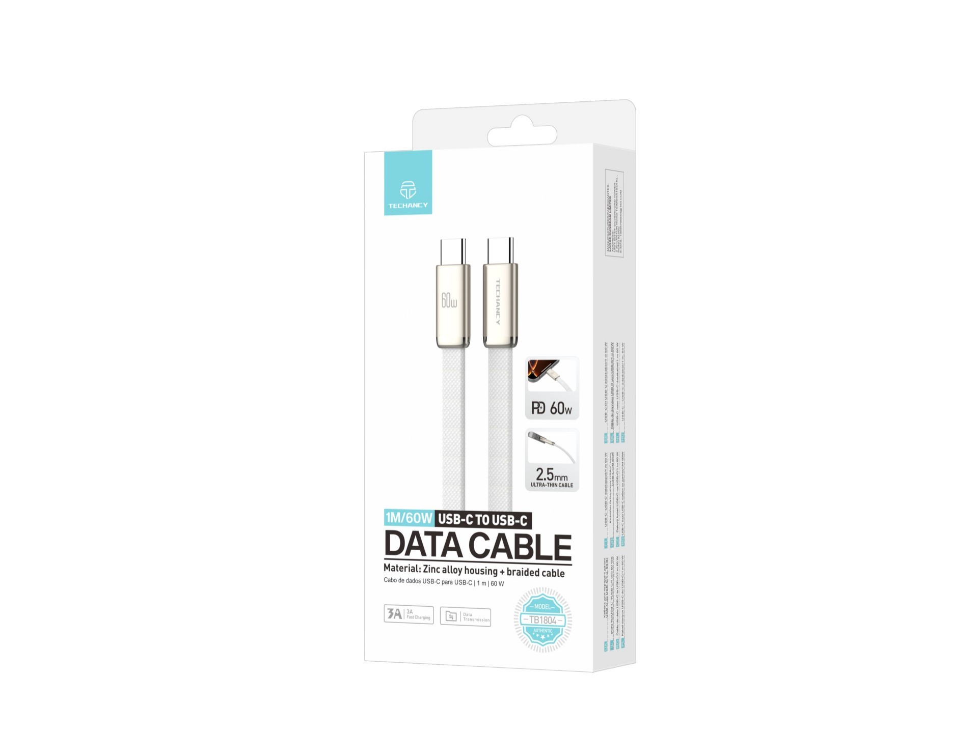 Techancy USB-C to USB-C Data Cable 60W TB1804 Fast Charging PD Locked Durable for Mobile Phones and Techancy USB-C to USB-C Data Cable 60W TB1804 Fast Charging PD Locked Durable for Mobile Phones and