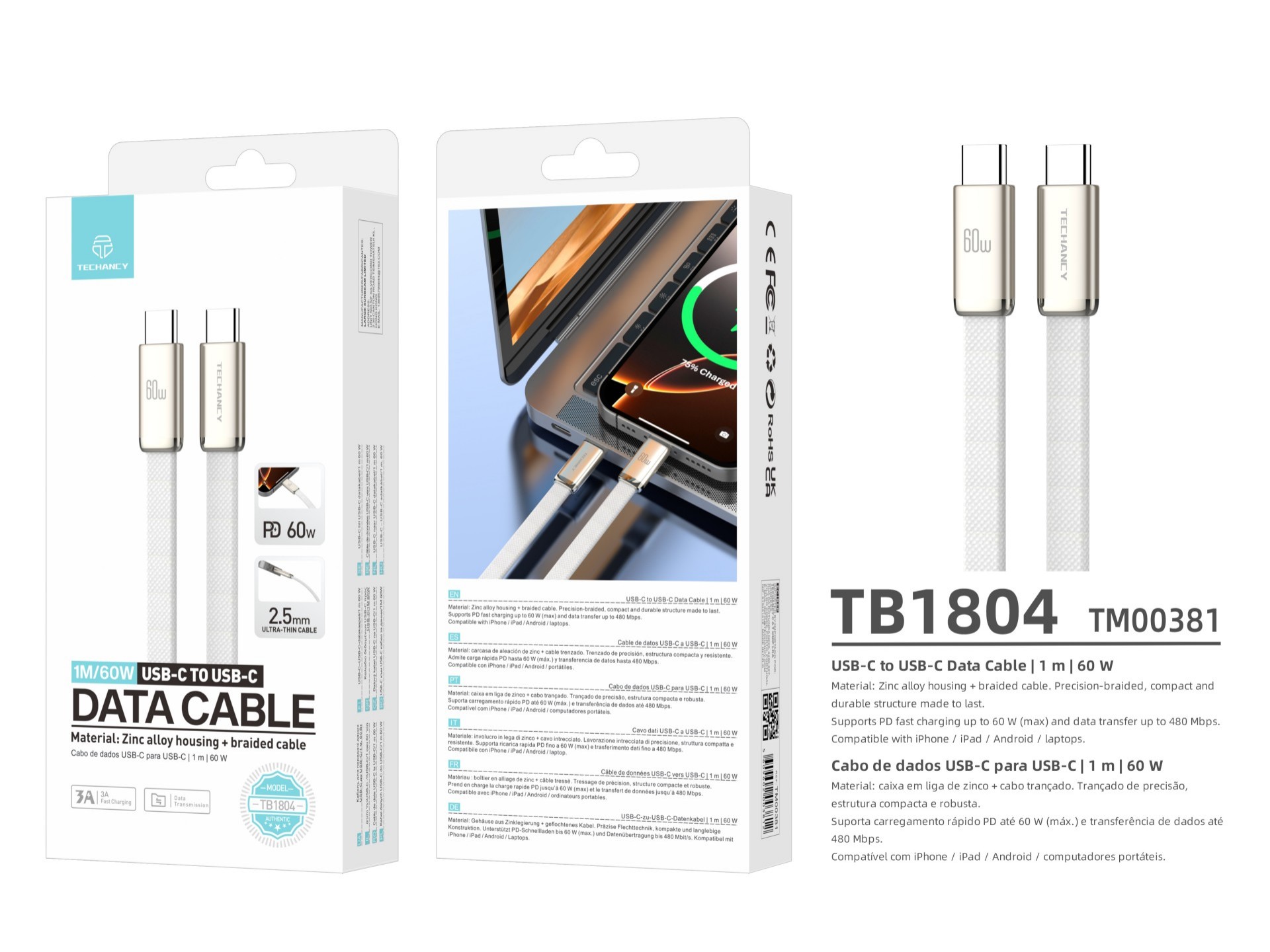 Techancy USB-C to USB-C Data Cable 60W TB1804 Fast Charging PD Locked Durable for Mobile Phones and Techancy USB-C to USB-C Data Cable 60W TB1804 Fast Charging PD Locked Durable for Mobile Phones and