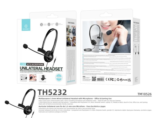 Techancy Auricular Unilateral com Fio 3.5mm TH5232 com Microfone Cancelamento de Ruido para Call Cen