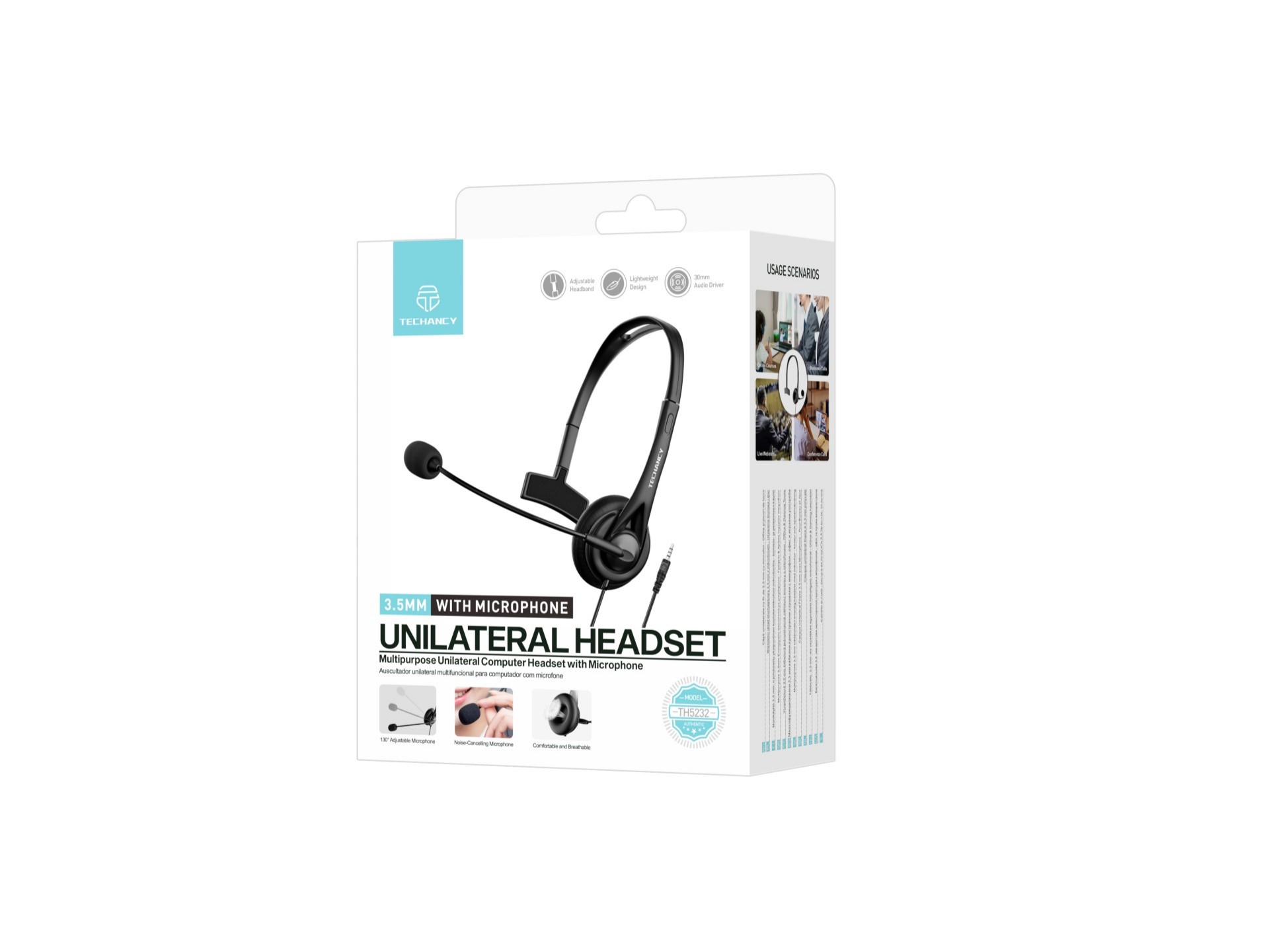 Techancy Auricular Unilateral com Fio 3.5mm TH5232 com Microfone Cancelamento de Ruido para Call Cen