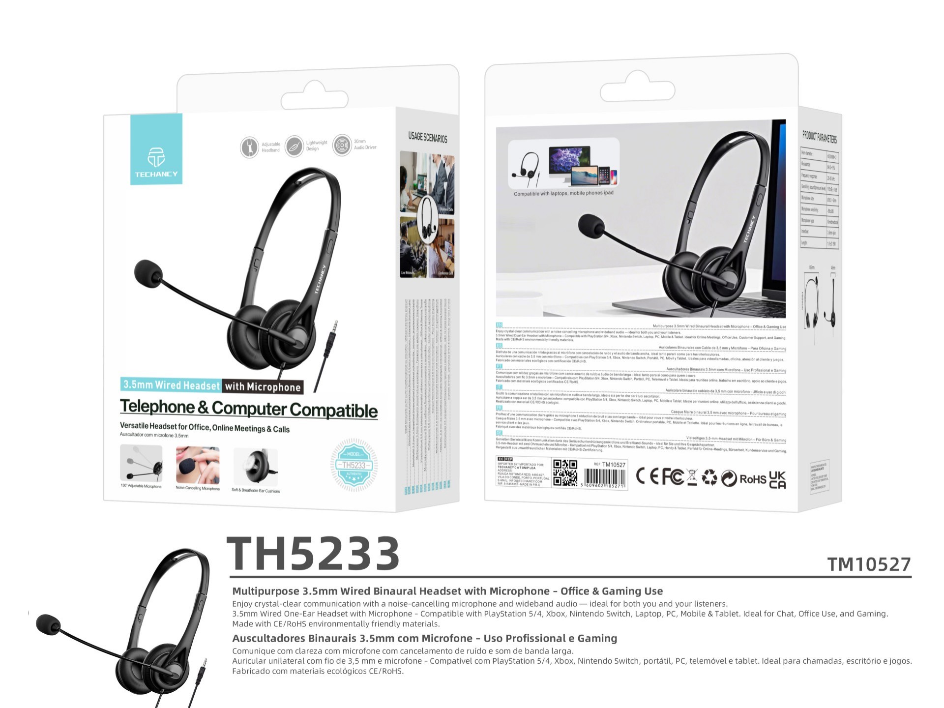 Techancy Wired Binaural Headset with 3.5mm TH5233 con microfono con cancellazione del rumore per cal Techancy Wired Binaural Headset with 3.5mm TH5233 con microfono con cancellazione del rumore per cal