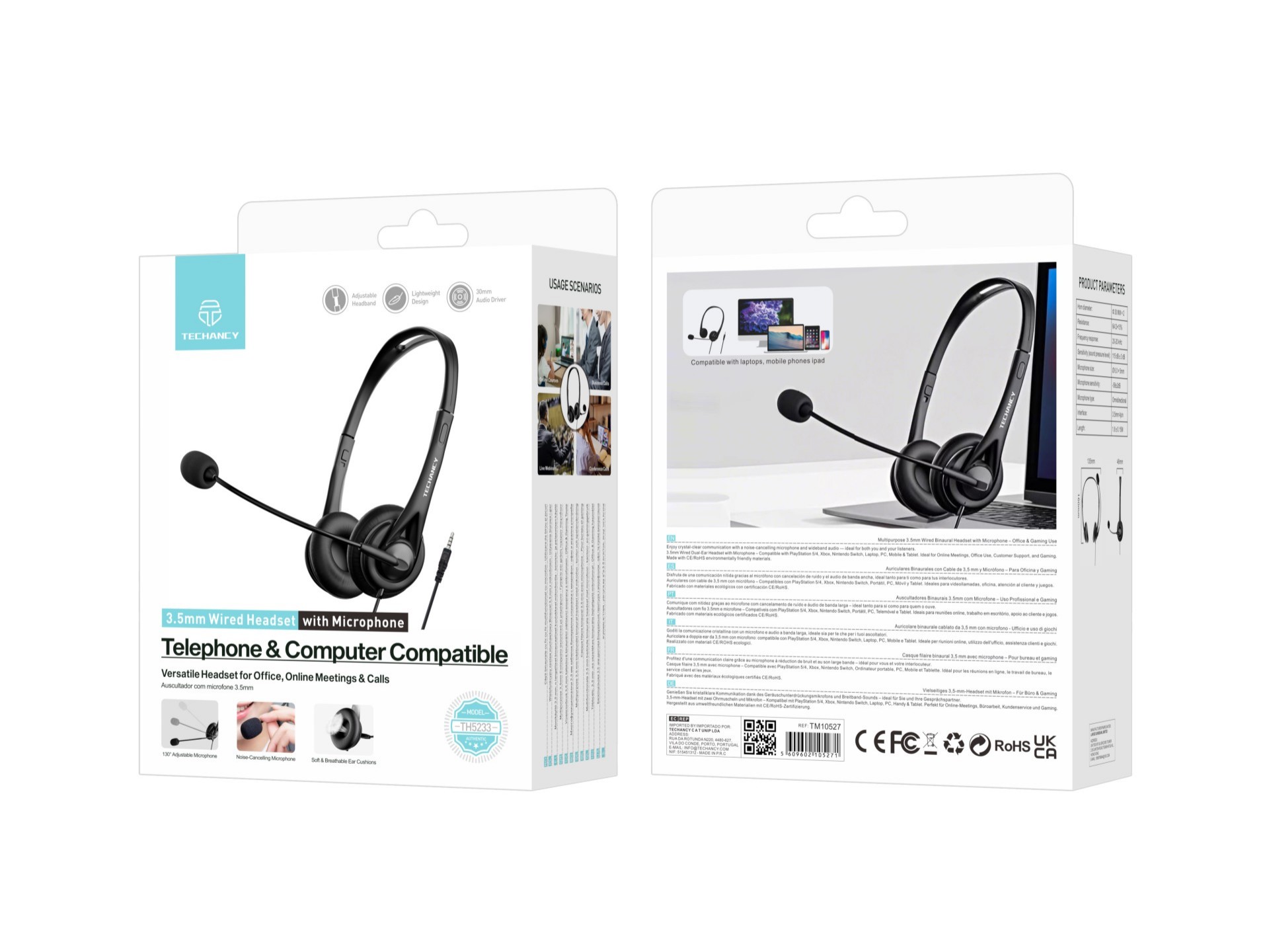 Techancy Wired Binaural Headset with 3.5mm TH5233 con microfono con cancellazione del rumore per cal Techancy Wired Binaural Headset with 3.5mm TH5233 con microfono con cancellazione del rumore per cal