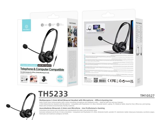 Techancy Wired Binaural Headset with 3.5mm TH5233 con microfono con cancellazione del rumore per cal Techancy Wired Binaural Headset with 3.5mm TH5233 con microfono con cancellazione del rumore per cal