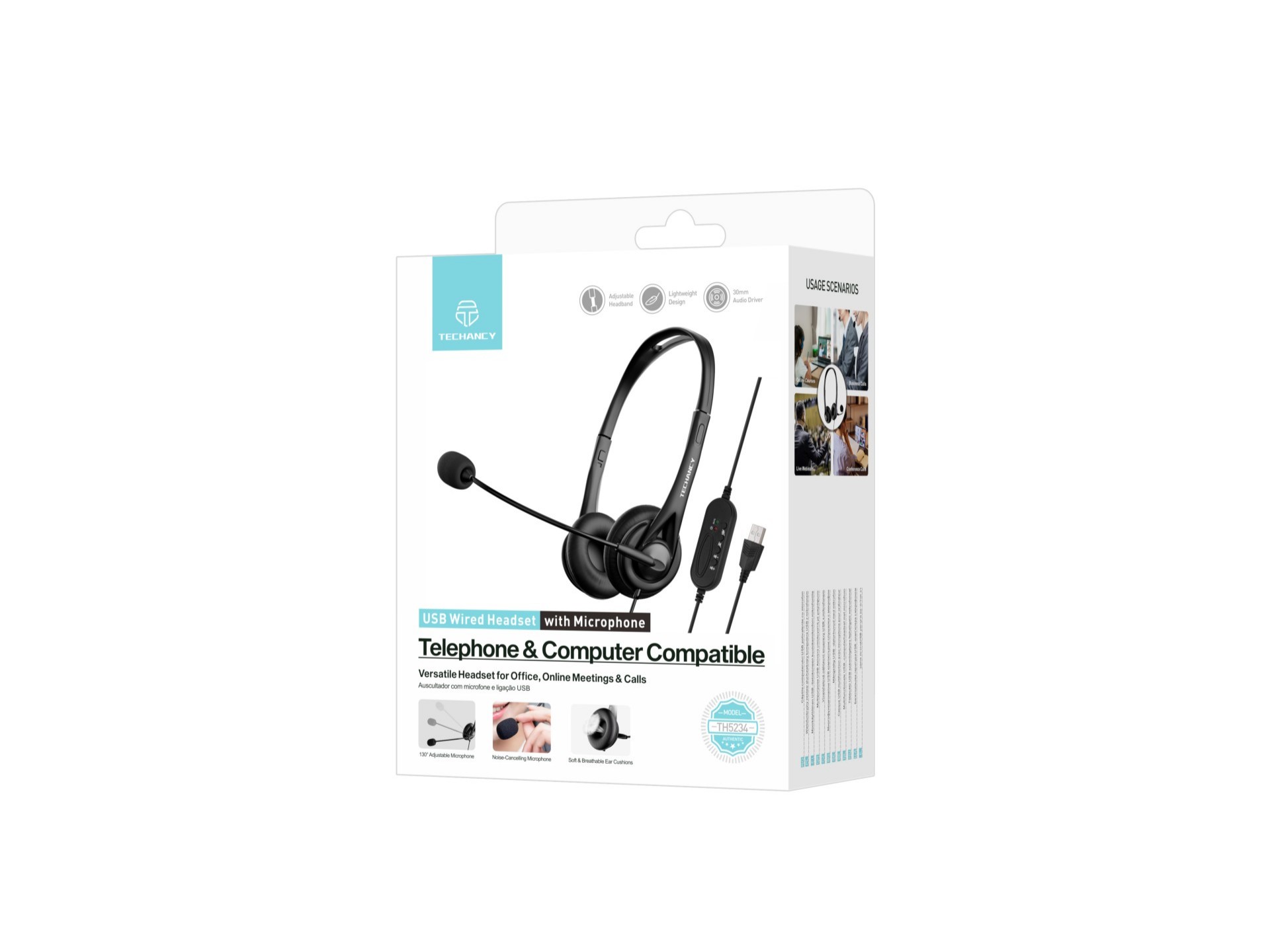 Techancy Wired USB Headset TH5234 with Noise-Cancelling Microphone for Call Centres, Office, Online Techancy Wired USB Headset TH5234 with Noise-Cancelling Microphone for Call Centres, Office, Online