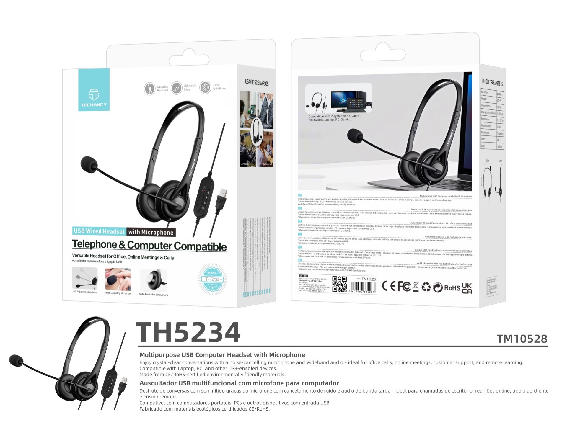 Techancy Wired USB Headset TH5234 with Noise-Cancelling Microphone for Call Centres, Office, Online Techancy Wired USB Headset TH5234 with Noise-Cancelling Microphone for Call Centres, Office, Online