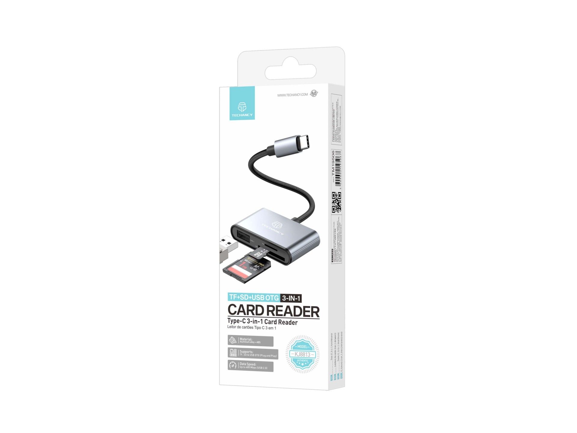 Techancy Leitor de Cartoes KJ8813 USB-C 3 em 1 TF SD USB OTG Plug and Play Compativel com Telemovel Techancy Leitor de Cartoes KJ8813 USB-C 3 em 1 TF SD USB OTG Plug and Play Compativel com Telemovel
