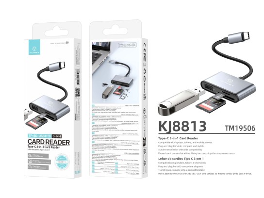 Techancy Leitor de Cartoes KJ8813 USB-C 3 em 1 TF SD USB OTG Plug and Play Compativel com Telemovel Techancy Leitor de Cartoes KJ8813 USB-C 3 em 1 TF SD USB OTG Plug and Play Compativel com Telemovel