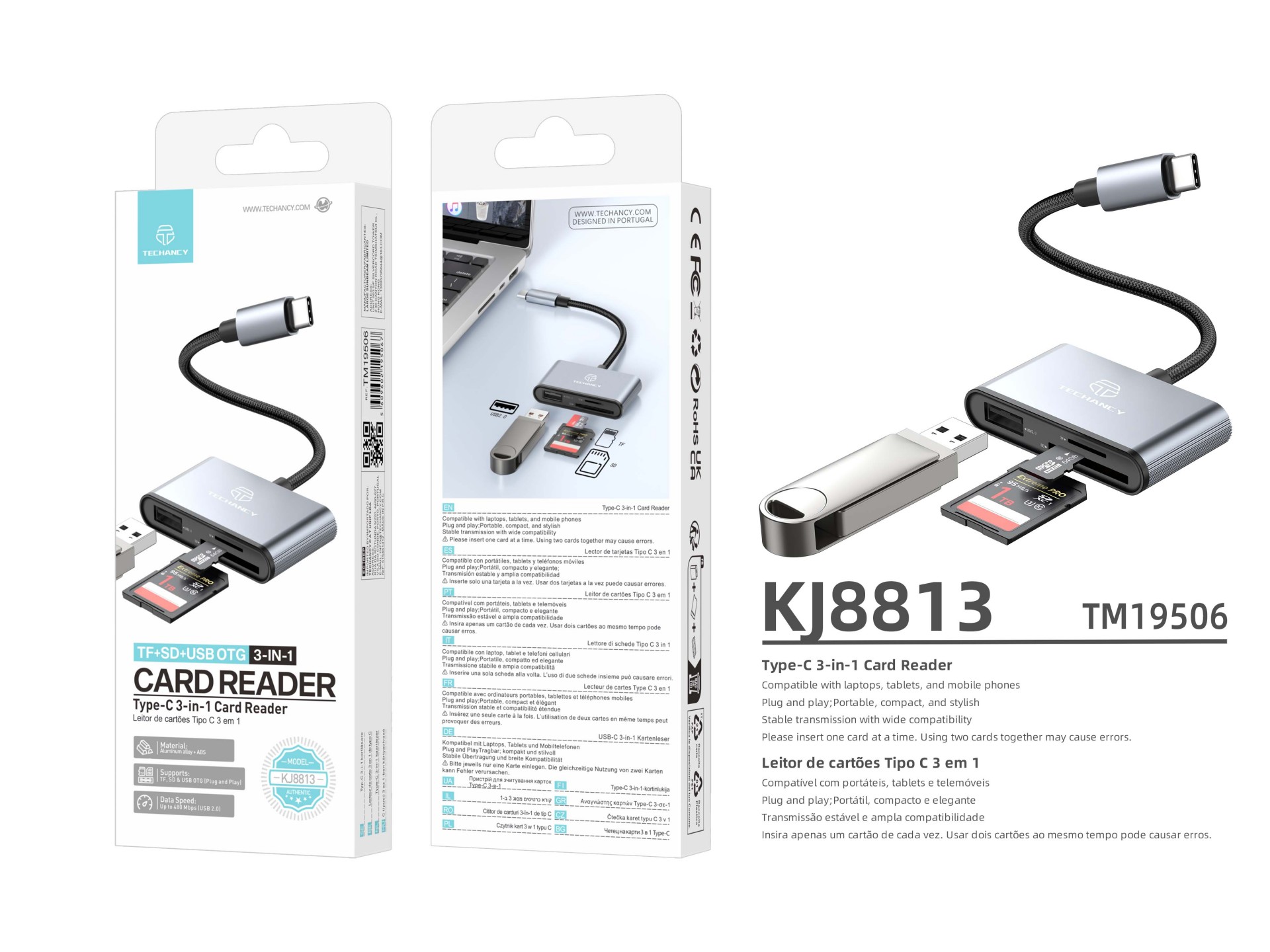 Techancy Leitor de Cartoes KJ8813 USB-C 3 em 1 TF SD USB OTG Plug and Play Compativel com Telemovel Techancy Leitor de Cartoes KJ8813 USB-C 3 em 1 TF SD USB OTG Plug and Play Compativel com Telemovel