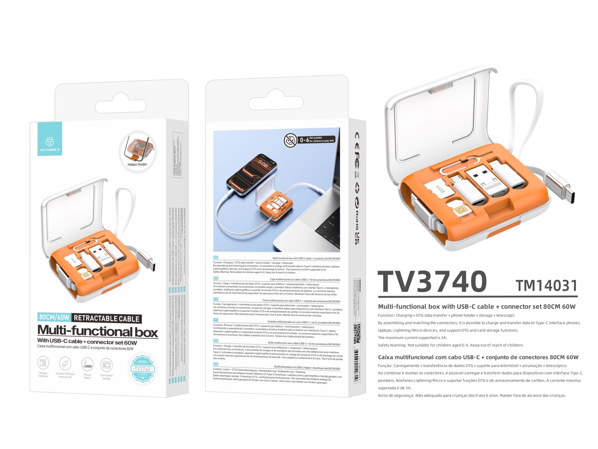 Techancy Multifunctional Box TV3740 Retractable USB-C Cable 80CM 60W Adapter Set for Charging and Da Techancy Multifunctional Box TV3740 Retractable USB-C Cable 80CM 60W Adapter Set for Charging and Da